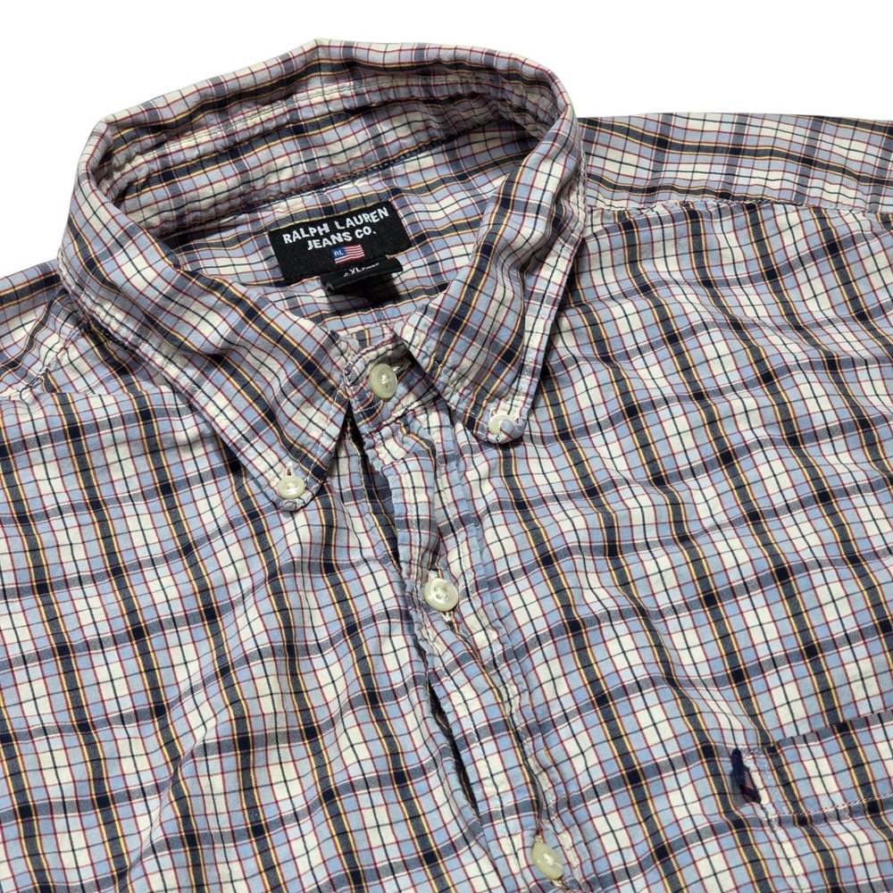 Ralph Lauren Jeans Co. Plaid Button Down Shirt Mens XL Short Sleeve Cotton VTG